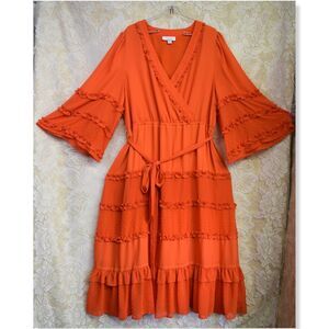 ALEXIS Women Plus Size 1X Angel Bell Sleeve Tiered Ruffle Maxi Dress Semi Formal